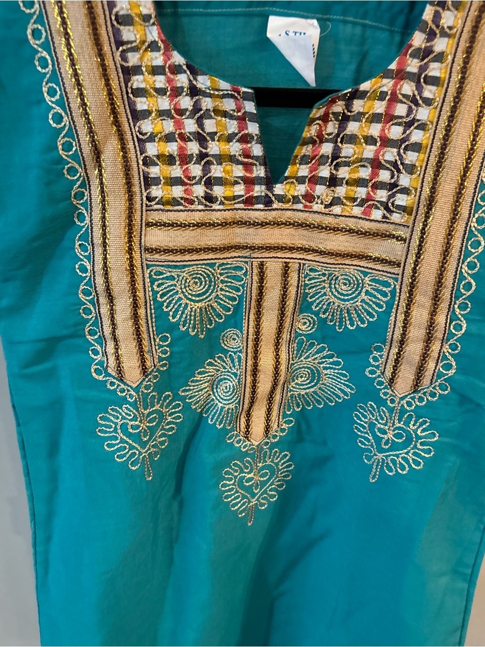 S.TH Egyptian Turquoise Embroidered Tunic Dress or kaftan-style with Bib size 4 - Picture 3 of 8